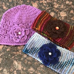 Handmade knit floral winter hat and ear bands